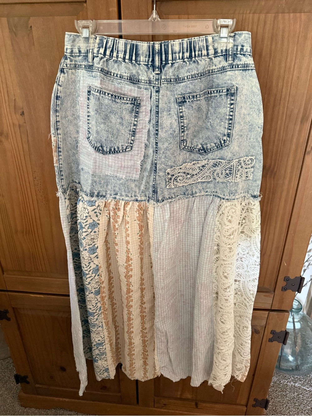 POL Patchwork Maxi Skirt in Light Blue Denim and Cream - Picture 3 of 5